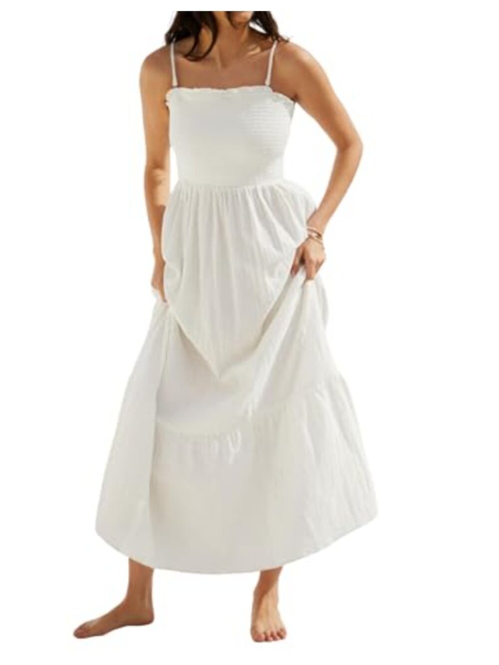 100% Cotton Boho Maxi Dress Smocked Sleeveless Ruffle Hem Beach